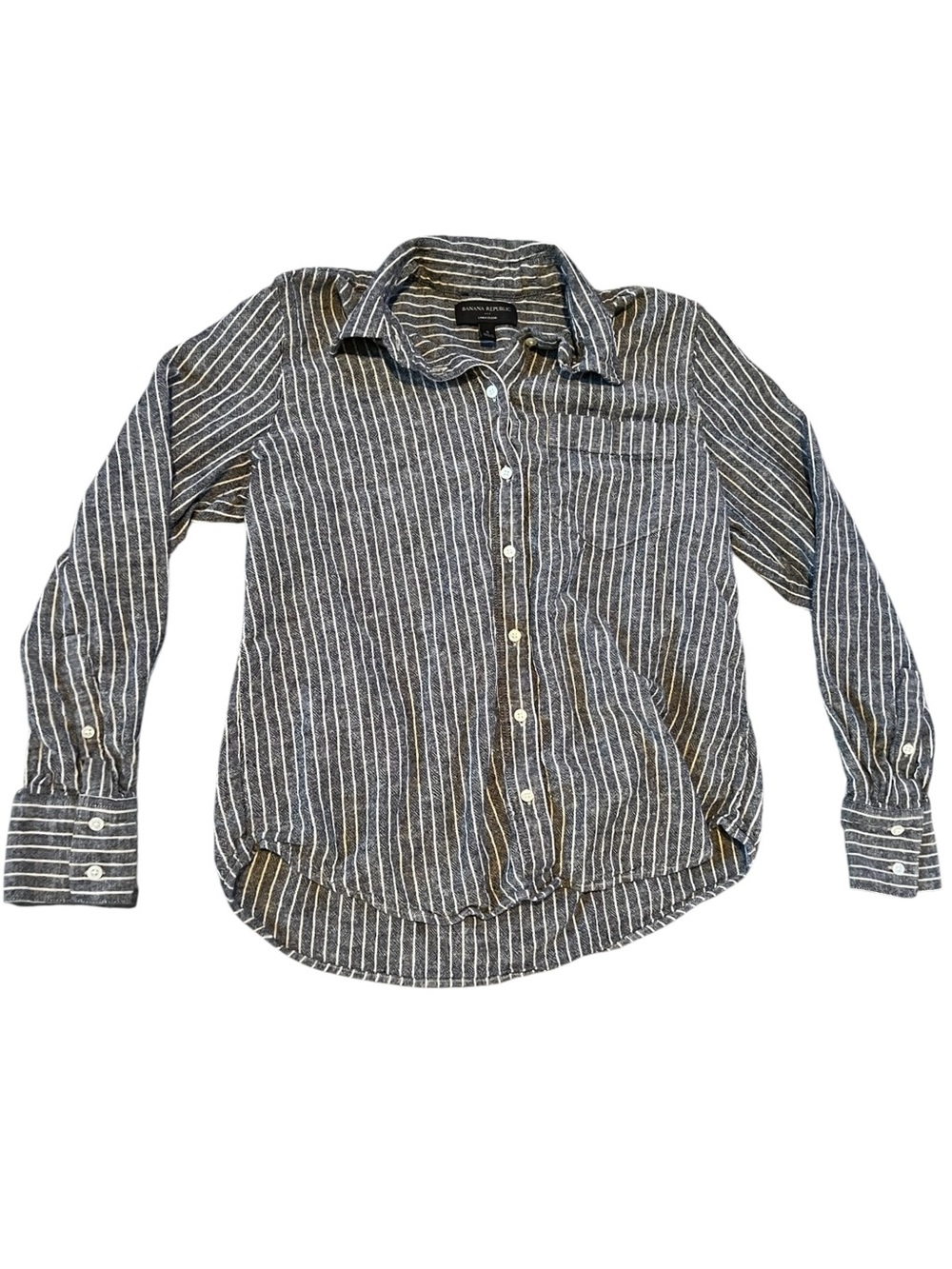 Banana Republic Women's Linen Navy and White Striped Button-Down Shirt